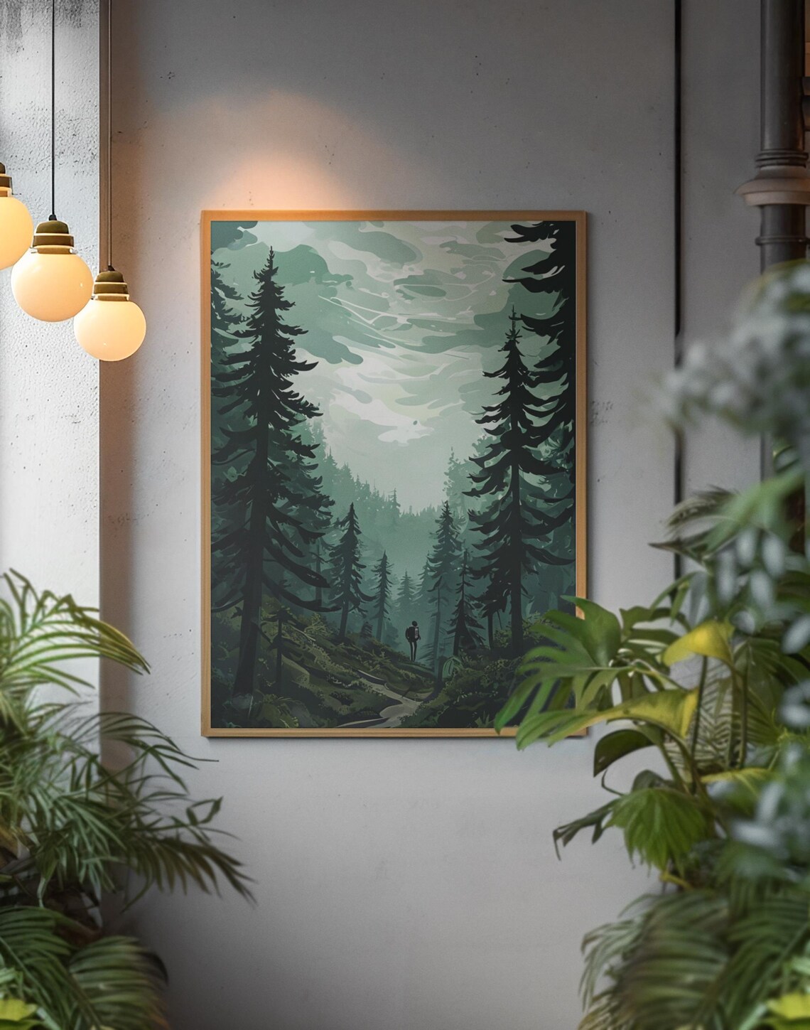 Misty Pine Forest Hiker Trail Retro Nature Wilderness Wall Art