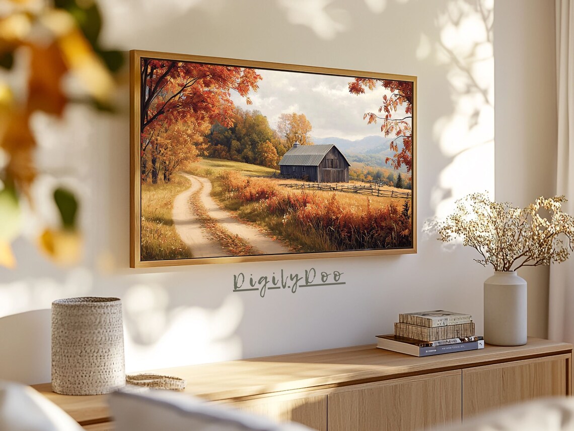 Autumn Barn Country Road Fall Foliage Landscape Frame TV Print - Image 3