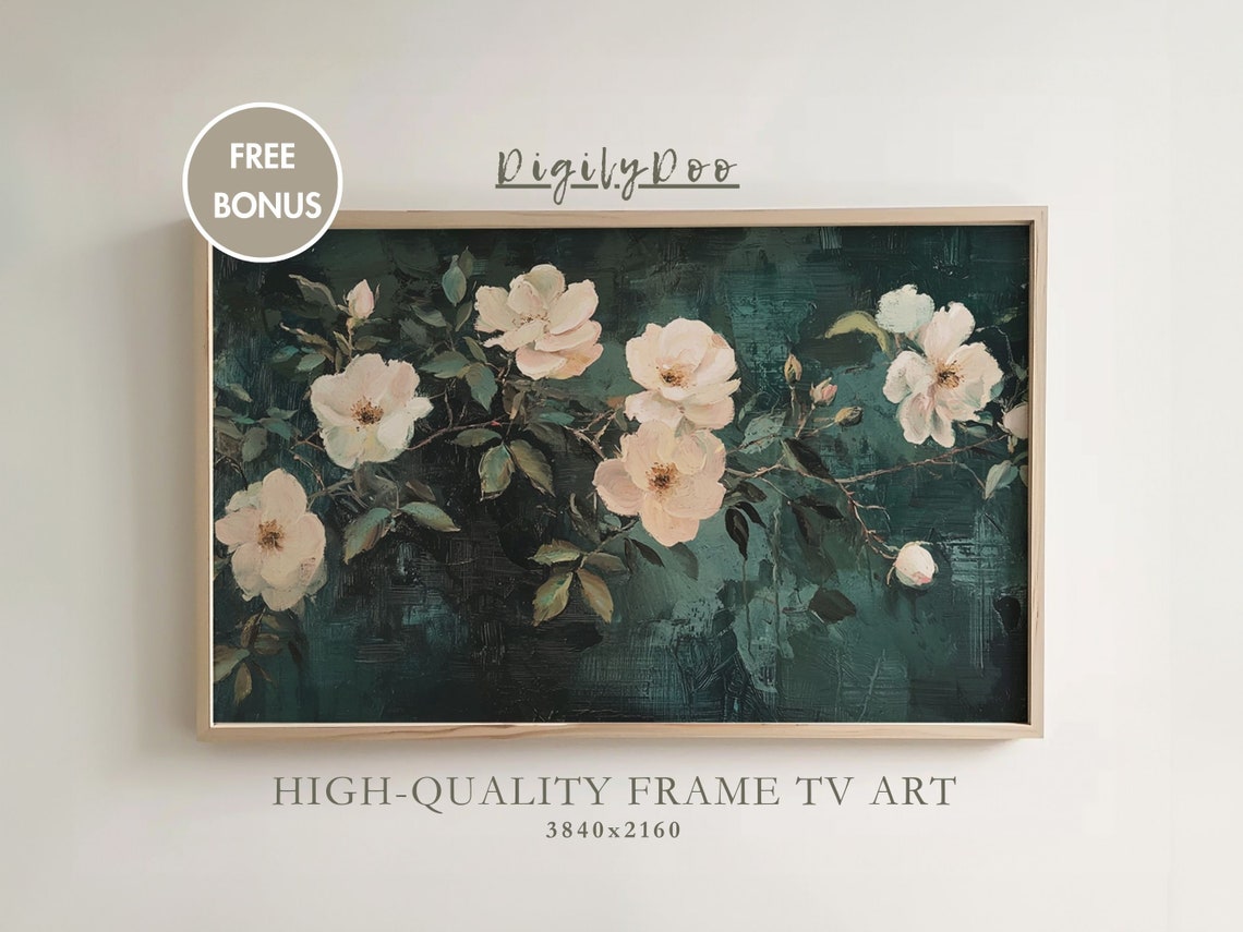 Elegant White Wild Roses Dark Teal Moody Floral Frame TV Print