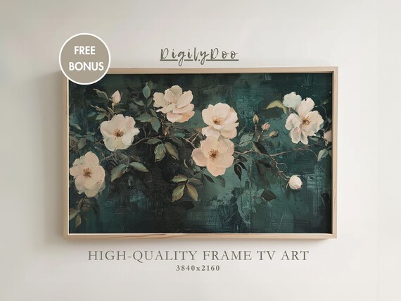 Elegant White Wild Roses Dark Teal Moody Floral Frame TV Print