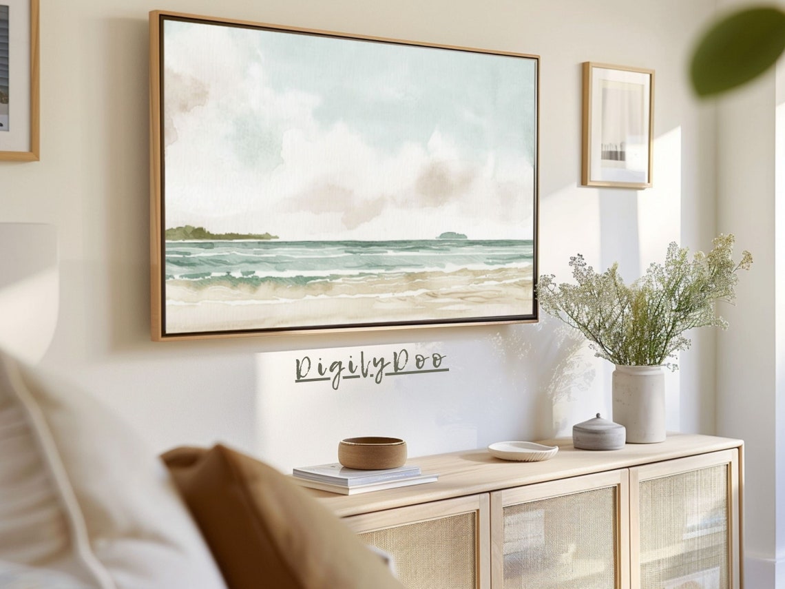 Minimalist Pale Watercolor Beach Seascape Calm Frame TV Print - Image 3