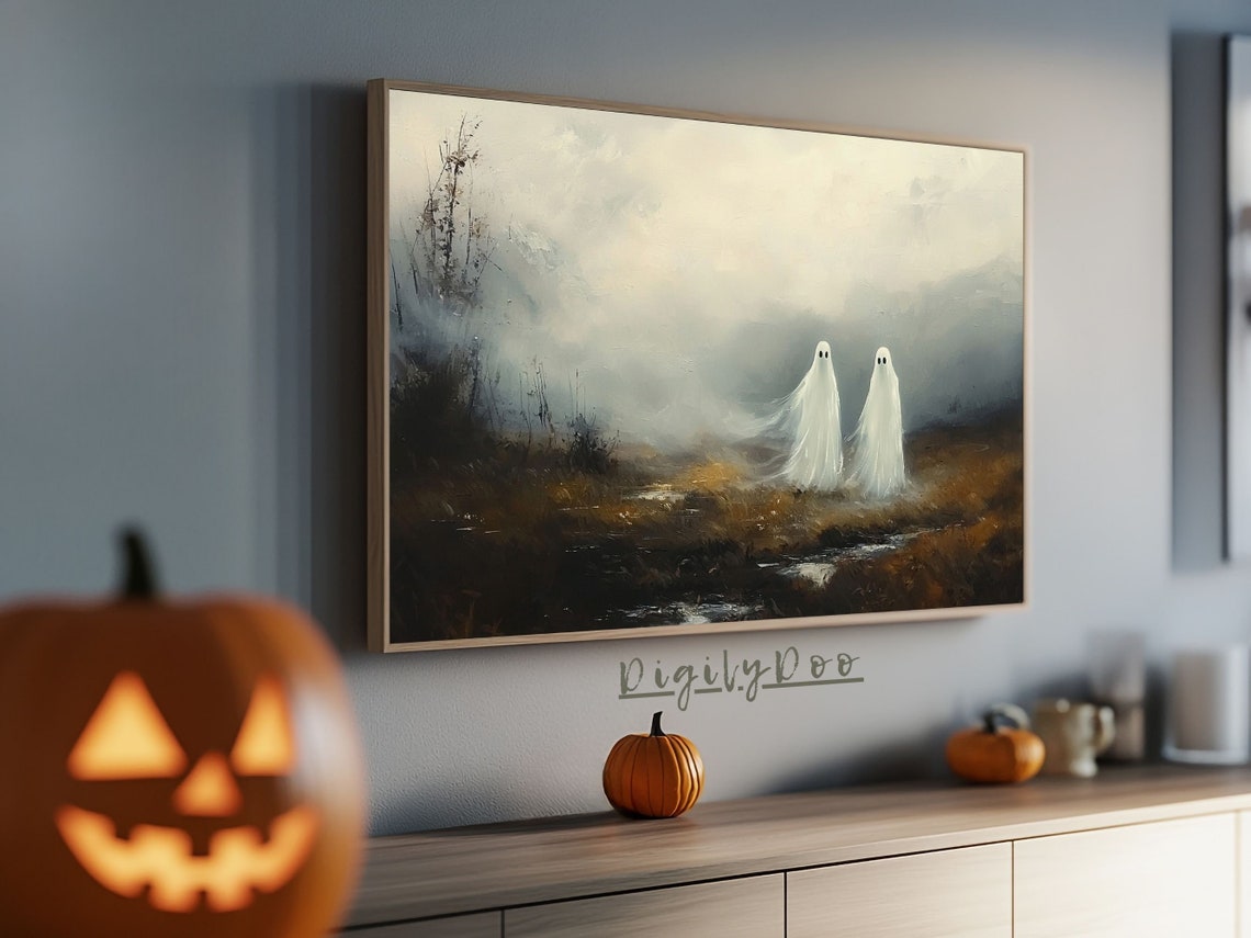 Two Ghosts Floating Misty Moor Spooky Halloween Frame TV Print - Image 3