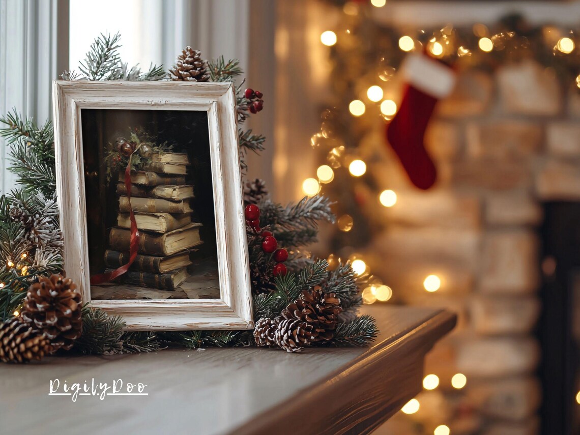 Antique Vintage Books Stack Red Ribbon Christmas Still Life Poster - Image 3