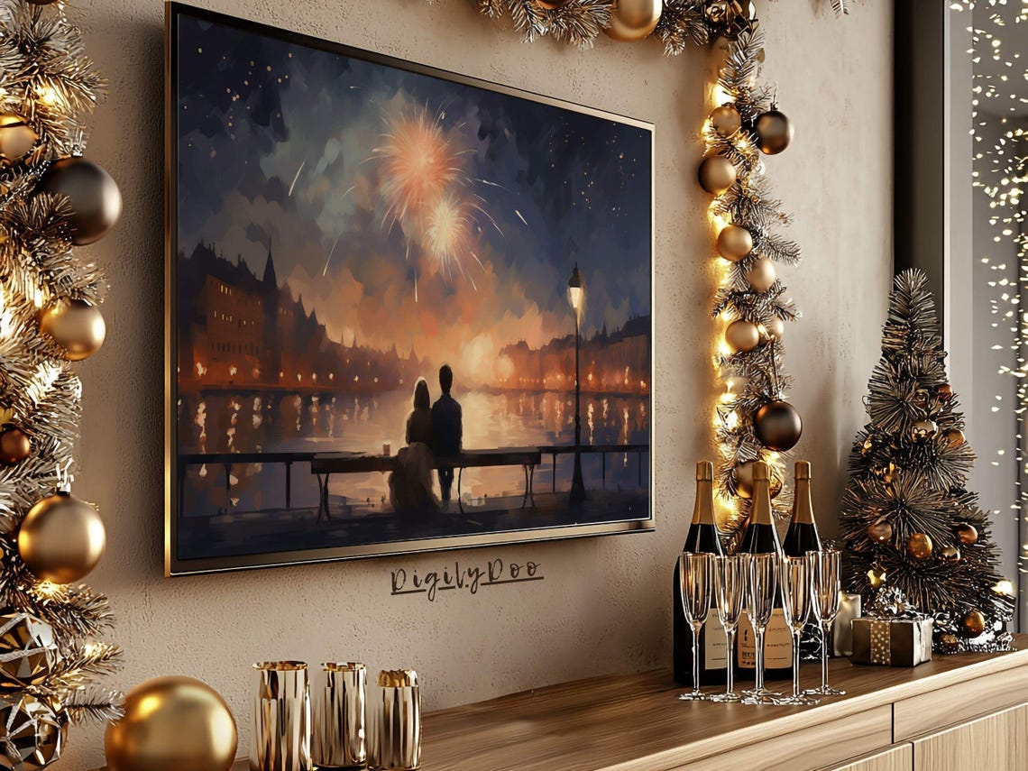 Romantic Couple Date Bench Fireworks Night Lake Painterly Poster - Image 3