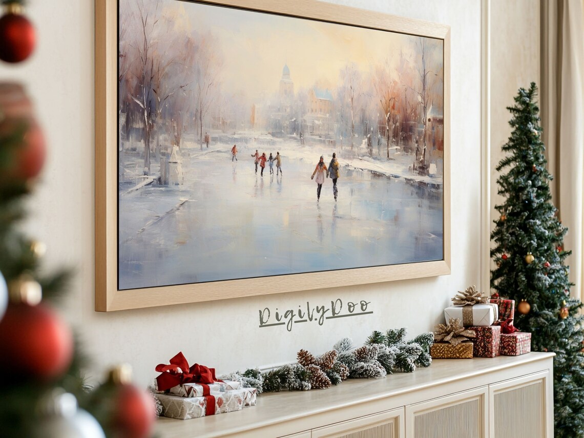 Winter Ice Skating Pond Snowy Park Impressionist Vintage Poster - Image 3