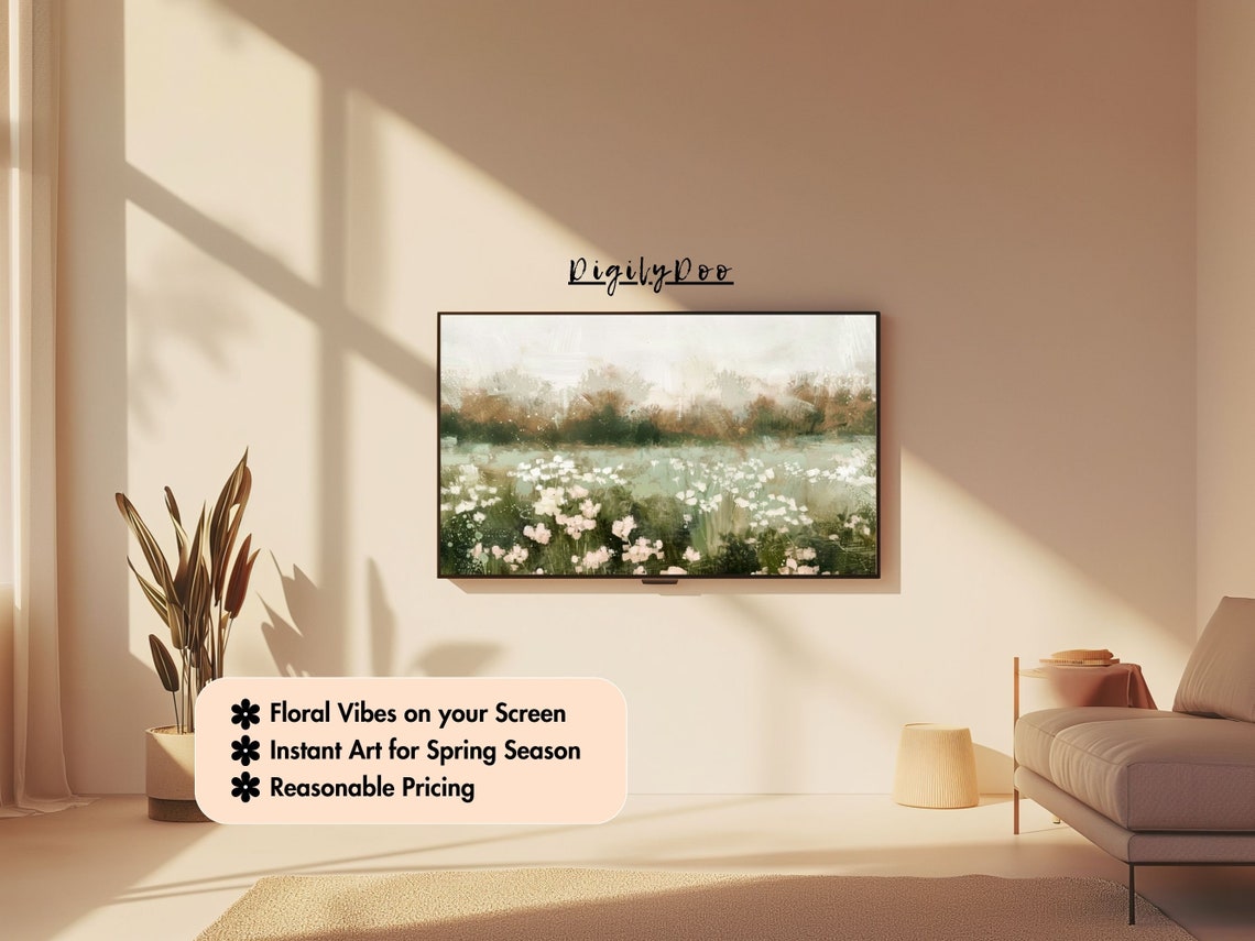 White Wildflower Meadow Misty Dusk Impressionist Frame TV Print - Image 3