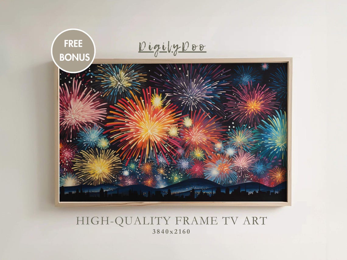 Colorful New Year Eve Fireworks City Skyline Night Frame TV Poster