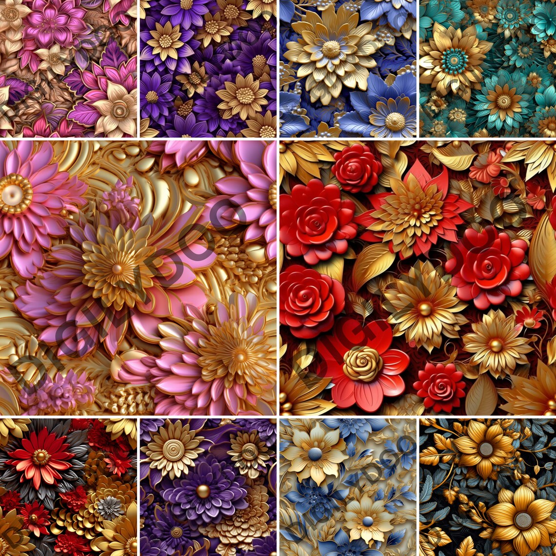20 3D Golden Flower JPG Digital Paper Pack 300 DPI 12x12 Poster - Image 2