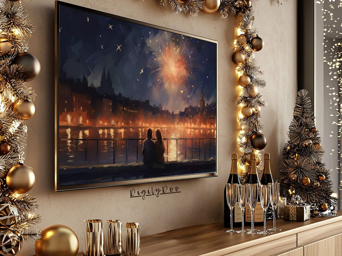Romantic Fireworks Couple River City Night New Year Eve TV Poster - Image 3