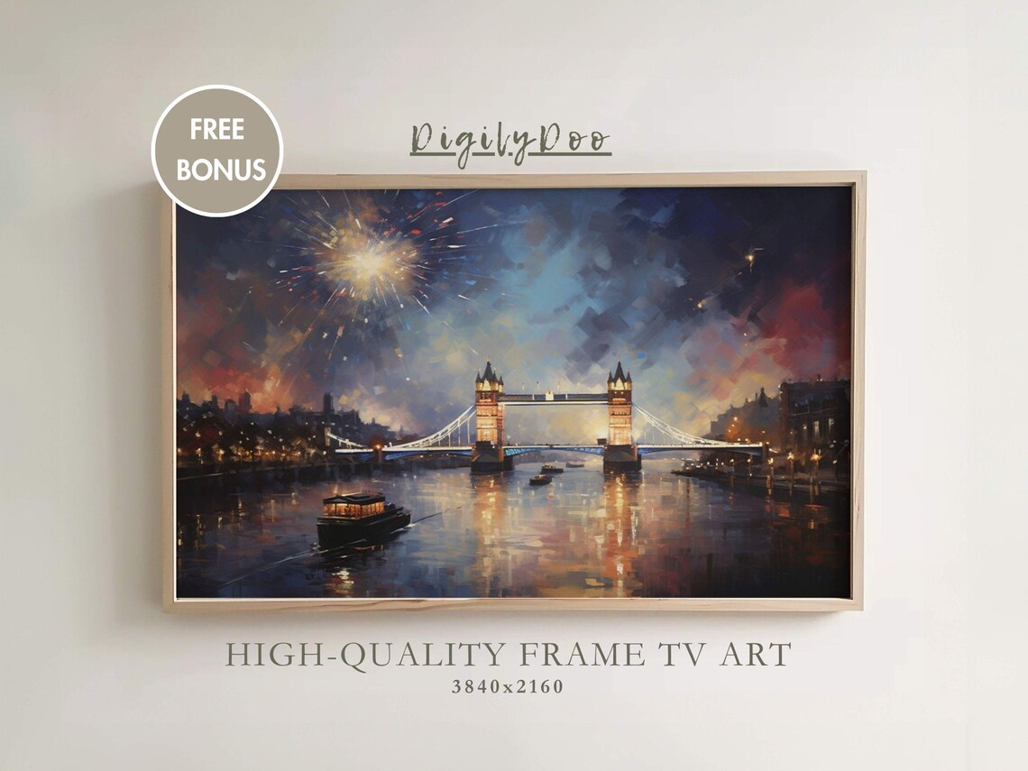 London Bridge Fireworks Vintage New Year 2025 Art Print