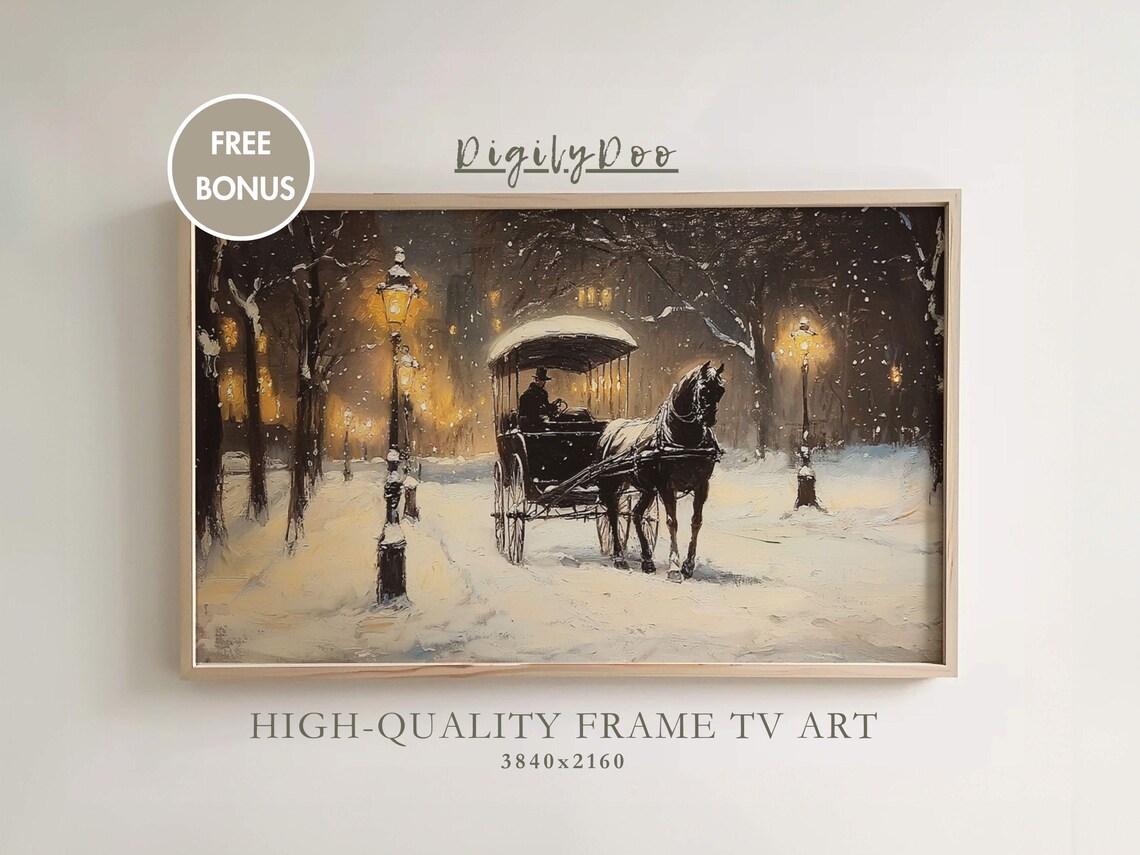 Horse Drawn Carriage Snowy Night Park Lantern Vintage Winter Poster