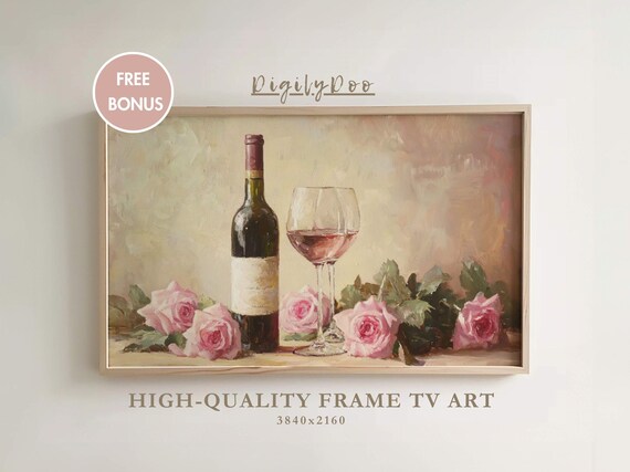 Valentines Day Frame Tv Art Vintage Bottle Wine Glasses Painting Tv Decor Moody Romantic Rose Screensaver Valentines Day