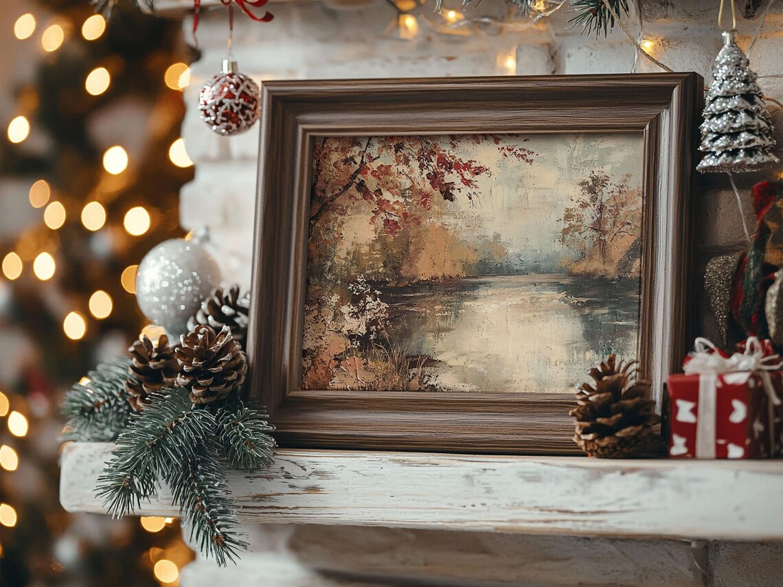 Winter Landscape Christmas Art Print, Rustic Vintage - Image 3