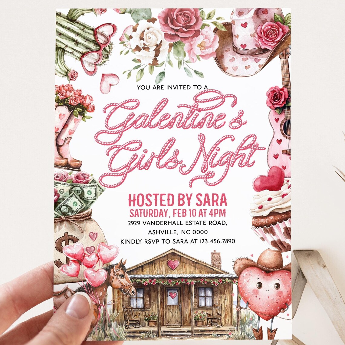 Galentines Girls Night Western Cowgirl Invitation Template Print
