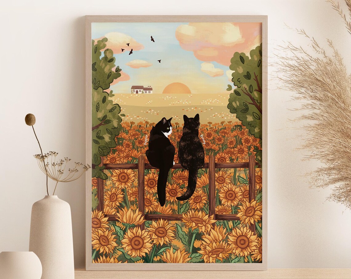 Personalised Cat Sunflower Portrait Art Print