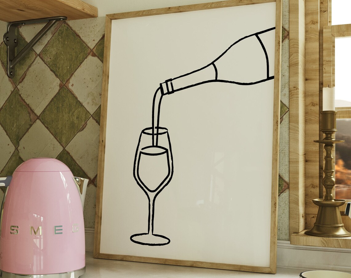 Wine Bottle Pouring Into Glass Minimalist Black Line Art Kitchen Poster