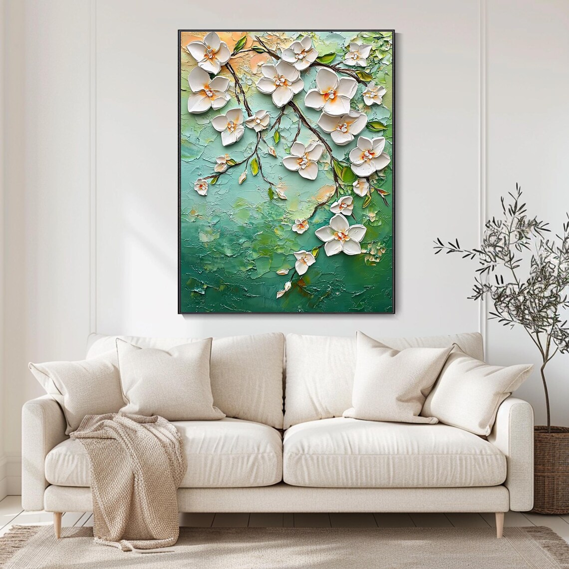 White Blossom Branches Teal Green Floral Painting Vertical Wall Poster - Image 3