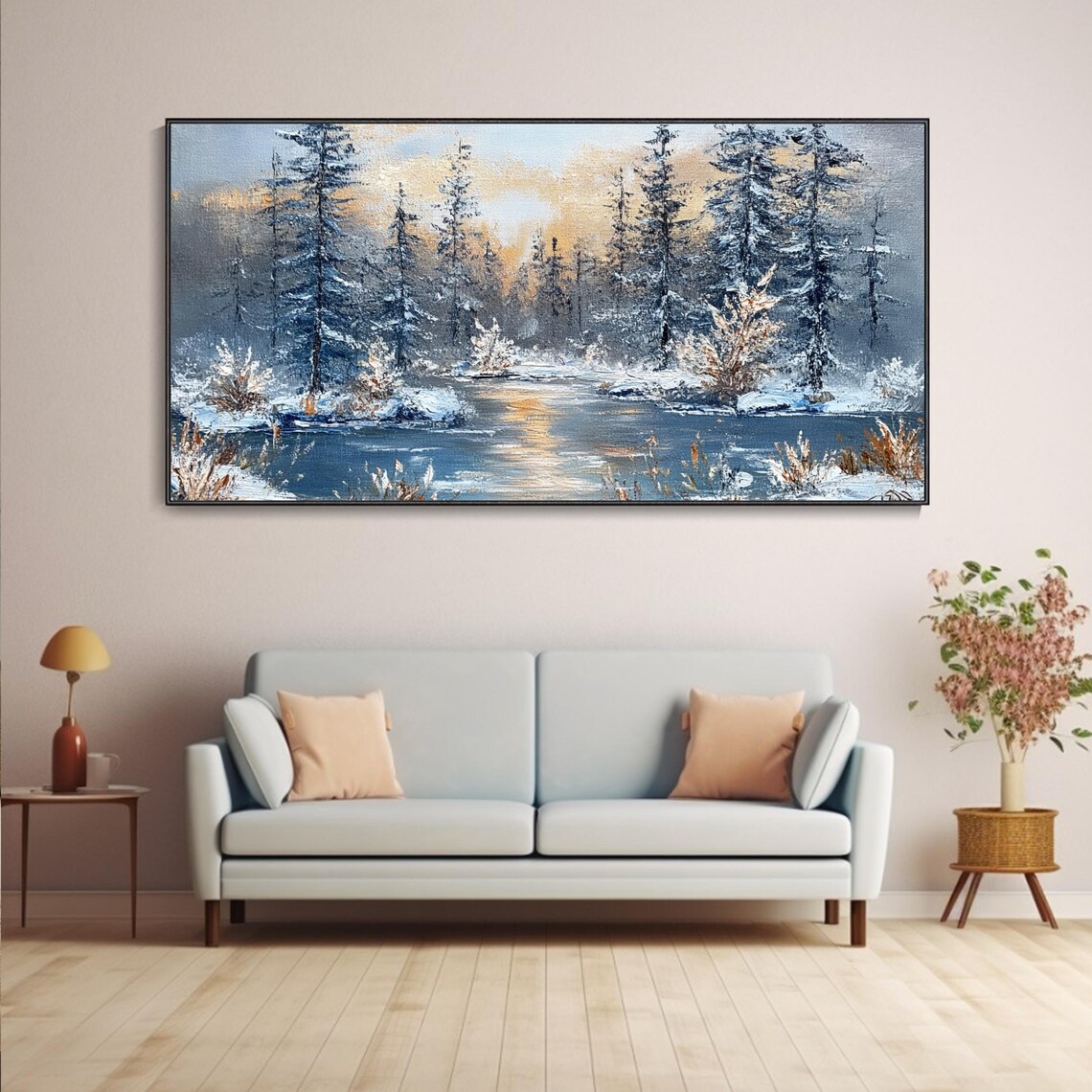 Large Long Wide Original Winter Forest Painting On Horizontal 3d Textured Wall Art Panoramic Snowy Pine Trees Wall Art Starlit Art - Image 4