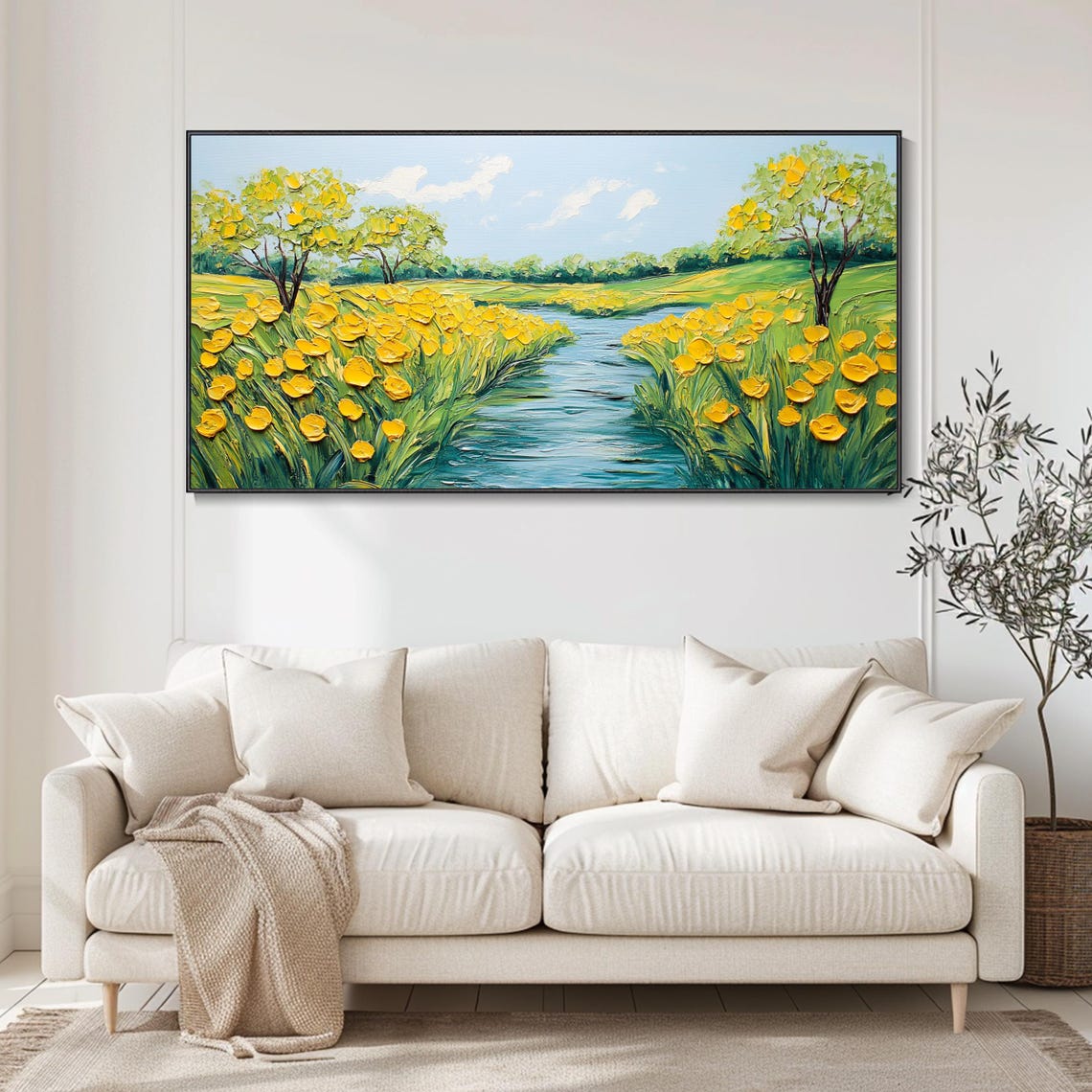 Yellow Flower Field By The Stream Blue Sky Impasto Landscape Poster - Image 4