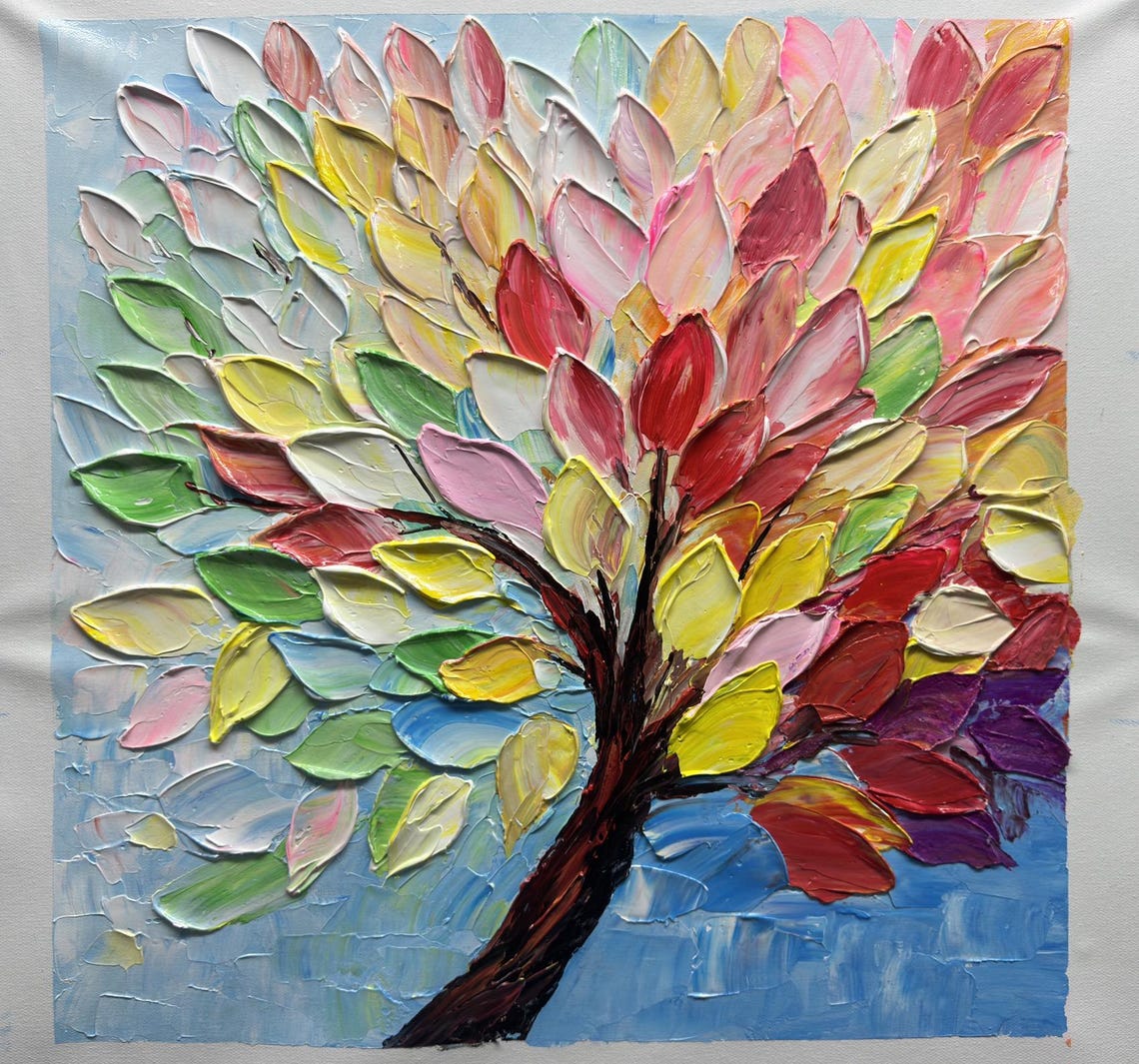 Multicolor Leafy Tree Branches Textured Oil Painting Nature Poster - Image 4