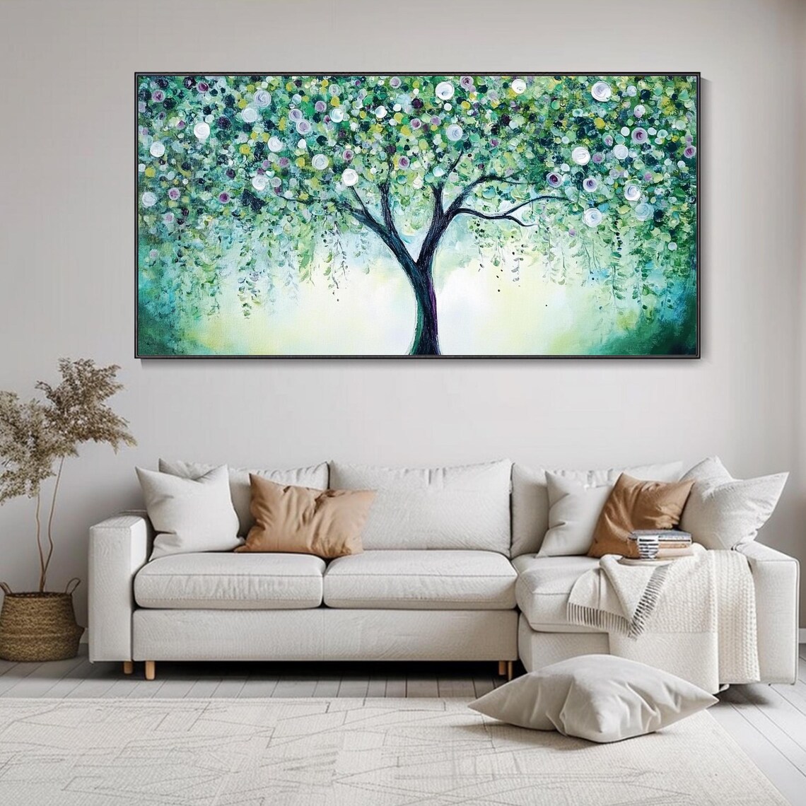 Teal Green Tree Of Life With Blossoms Abstract Impasto Poster - Image 2