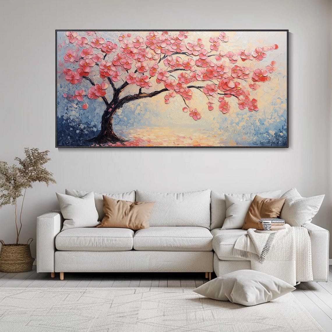 Pink Blossom Tree Horizontal Panoramic Cherry Painting Poster - Image 2