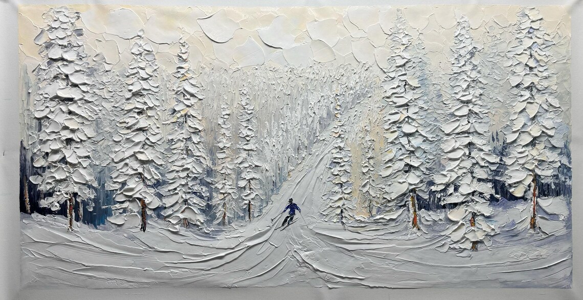 Snowy Pine Tree Forest Painting On Original Ski Sport 3d Texture Wall Art Personalized Gift Snowy Mountain Art White Snow Skiing Art - Image 4
