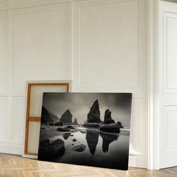 Moody Seascape Rock Formations Black And White Coastal Wall Art