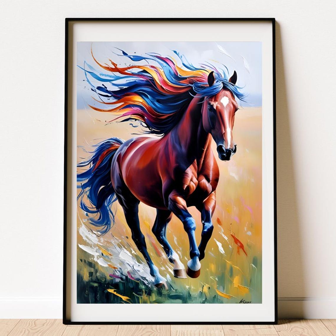 Wild Galloping Chestnut Horse Rainbow Mane Equestrian Poster