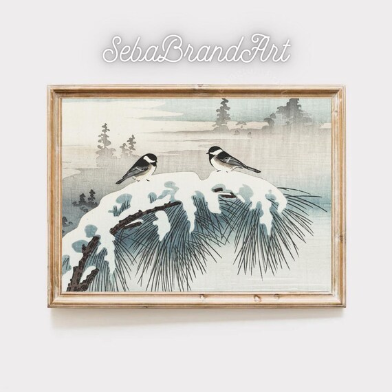 Utagawa Hiroshige Style Winter Chickadees On Snowy Pines Japanese Ukiyo E Wall Art Instant