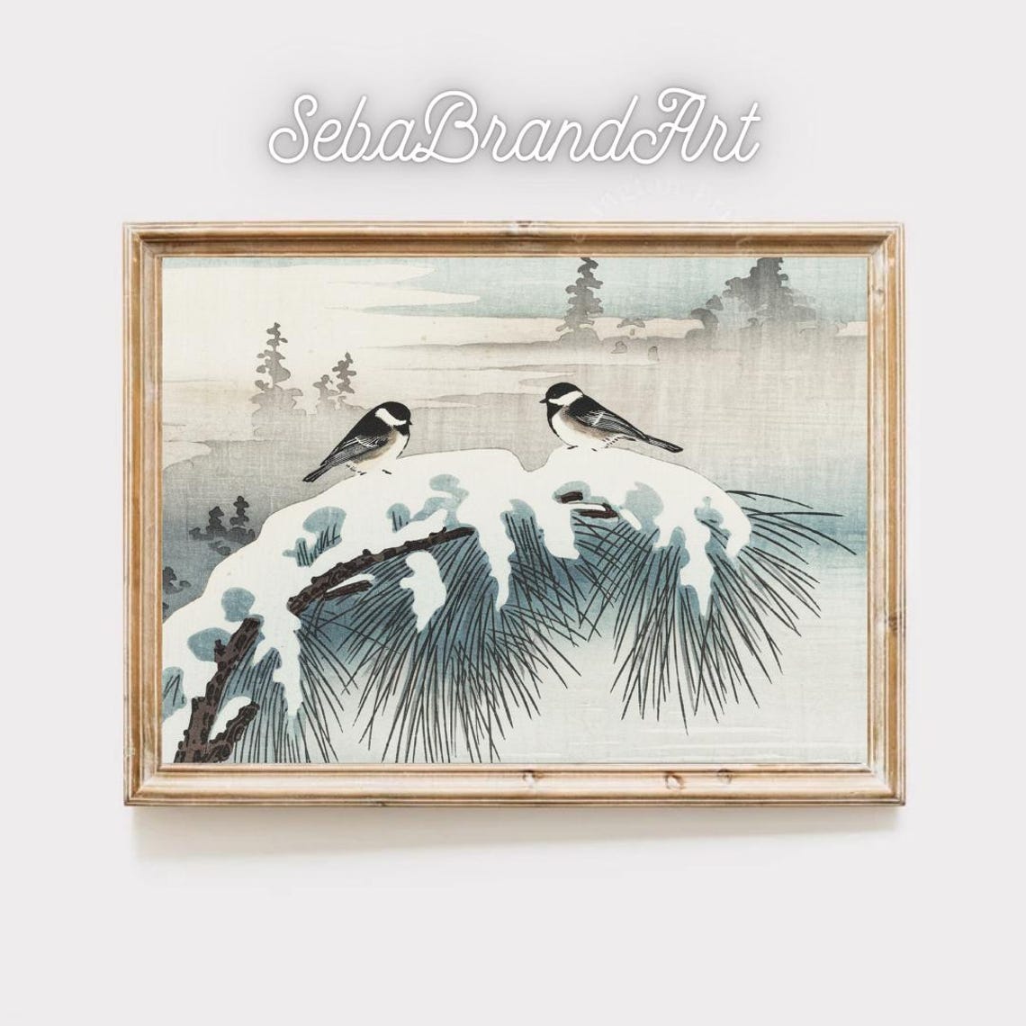 Japanese Ukiyo E Chickadees Resting On Snowy Pine Branch Winter Poster