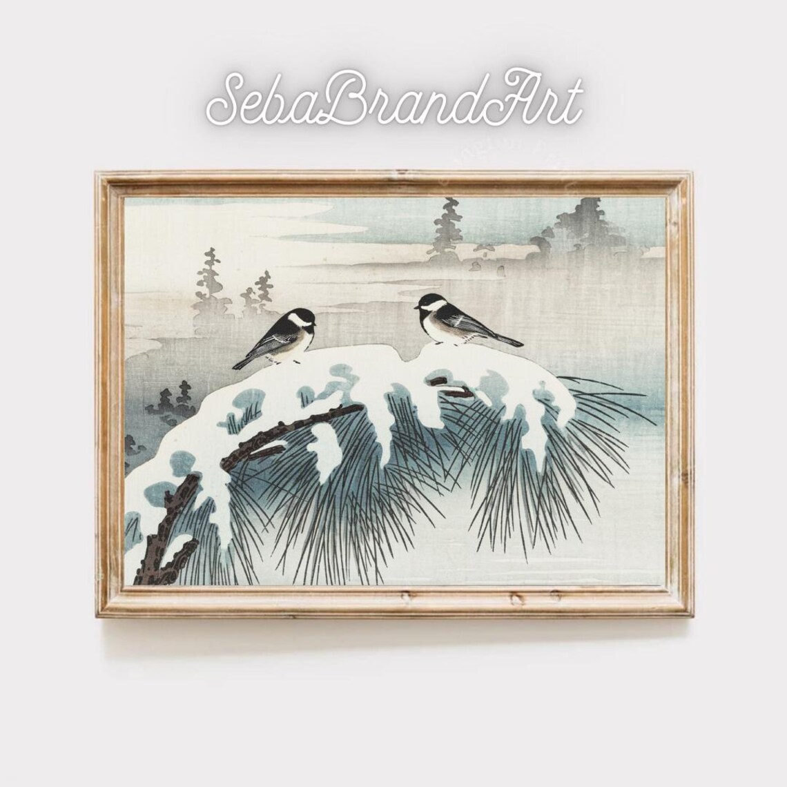 Utagawa Hiroshige Style Winter Chickadees On Snowy Pines Japanese Ukiyo E Wall Art Instant