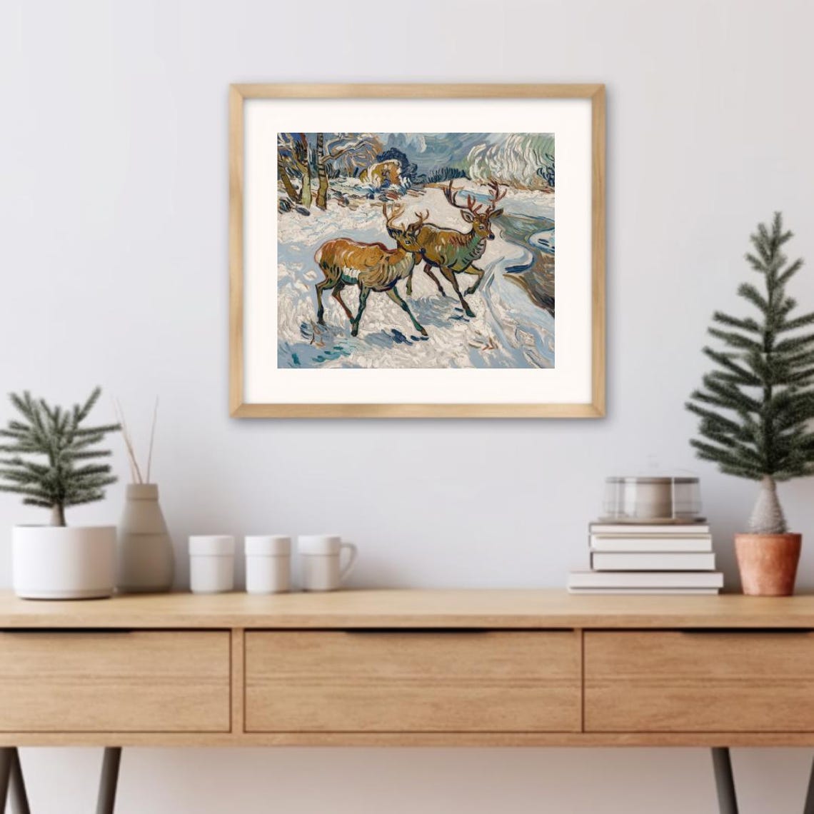 Van Gogh Inspired Deer Pair In A Snowy Forest Winter Wildlife Poster - Image 3