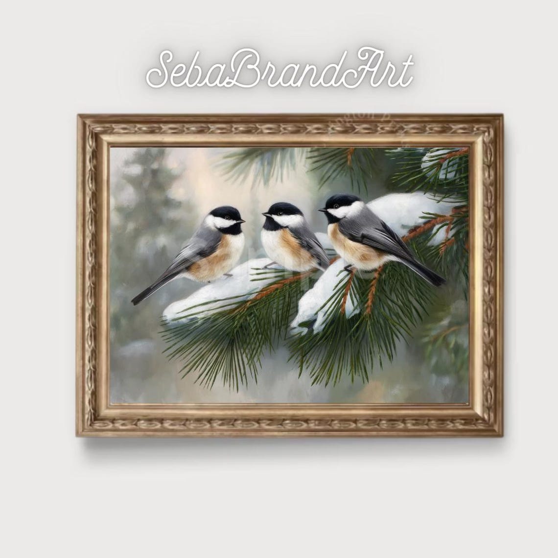 Chickadees On Snowy Evergreen Branch Winter Bird Art Gift Poster - Image 2