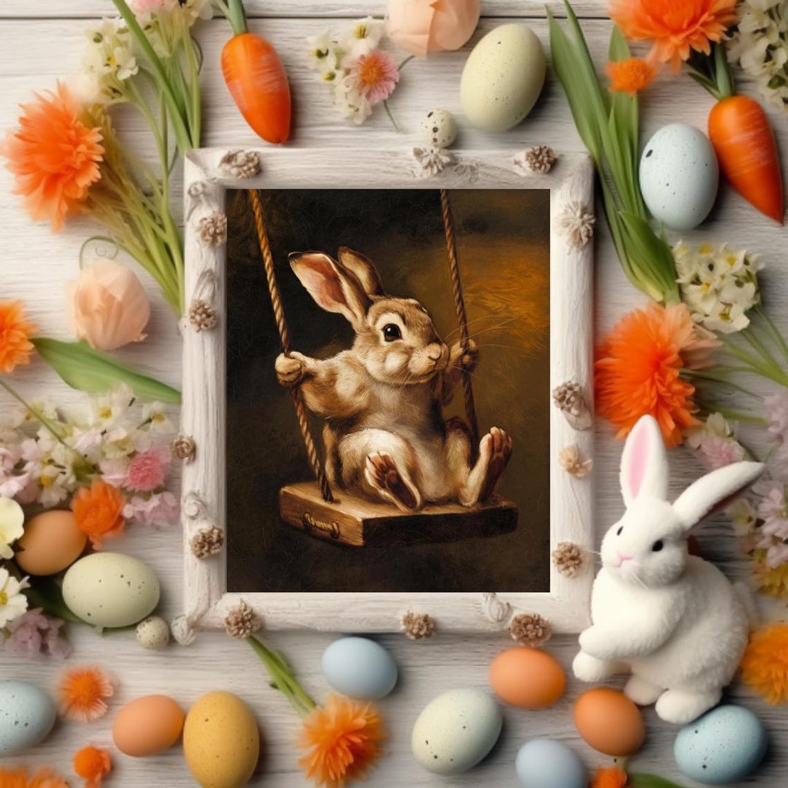 Bunny On A Wooden Swing Baroque Style Rabbit Portrait Art Poster - Image 3