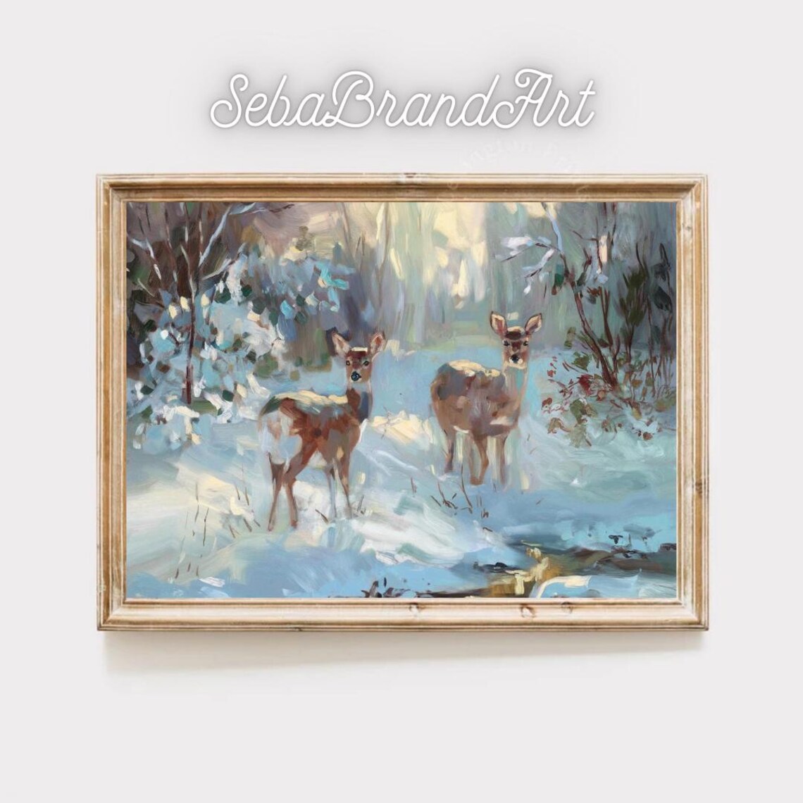 Two Deer In Sunlit Snowy Woodland Impressionist Winter Wildlife Art Print
