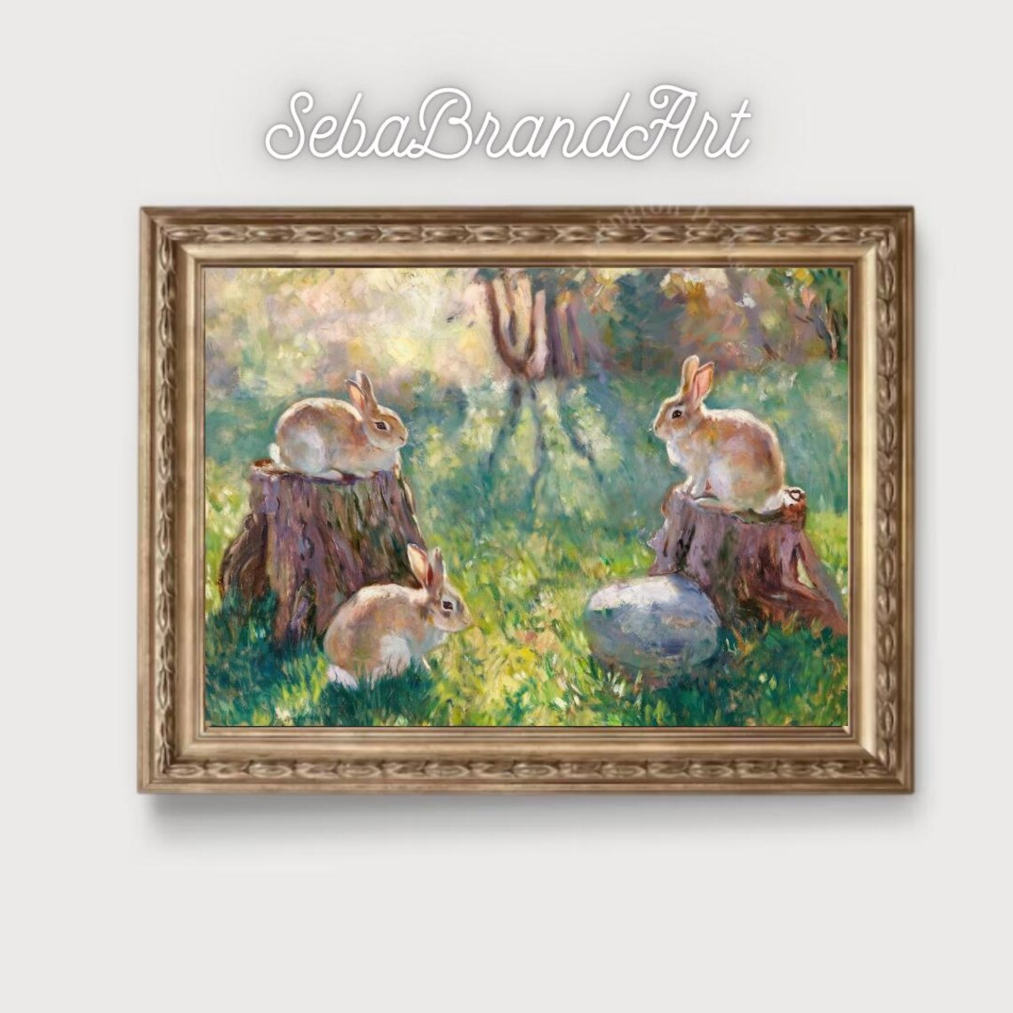Claude Monet Style Sunlit Meadow, Rabbits Landscape - Image 2