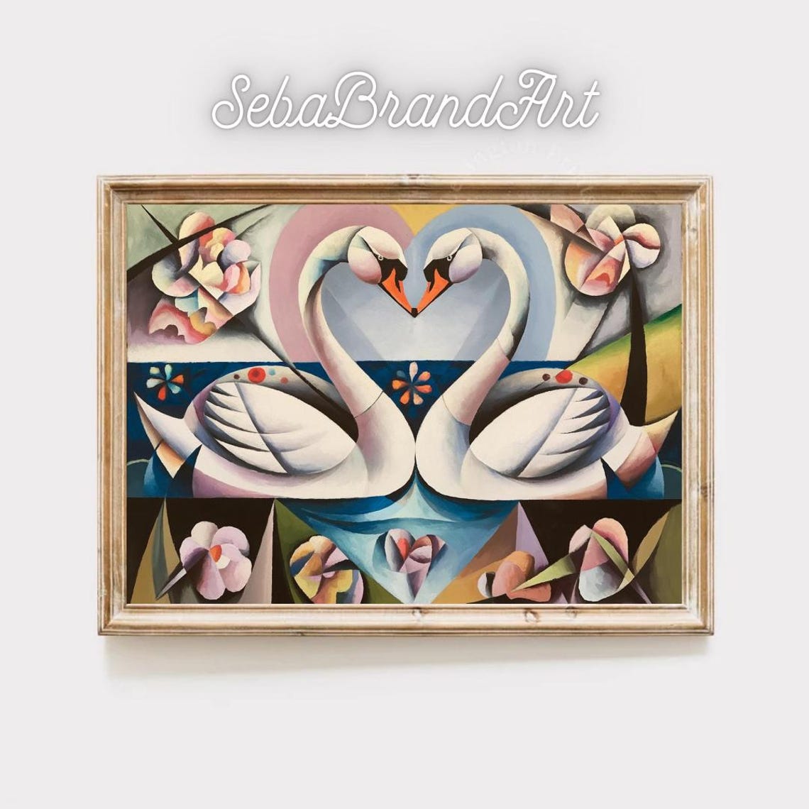 Cubist Swans Forming A Heart With Geometric Blooms Abstract Poster