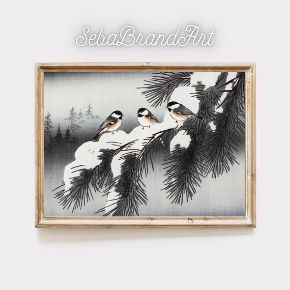 Katsushika Hokusai Style Winter Chickadees On Snowy Pines Japanese Ukiyo E Inspired Wall Art Instant