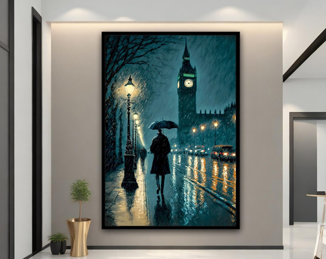 Big Ben London Rainy Night Umbrella Street Lamps Moody Travel Poster