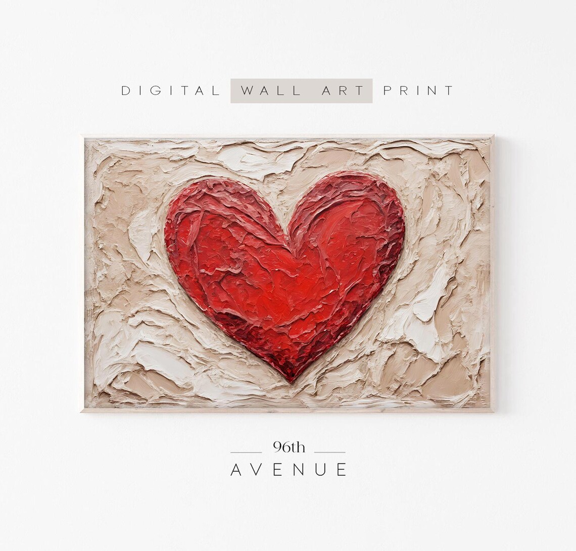 Bold Red Heart Textured Impasto Cream Background Valentine Art Print