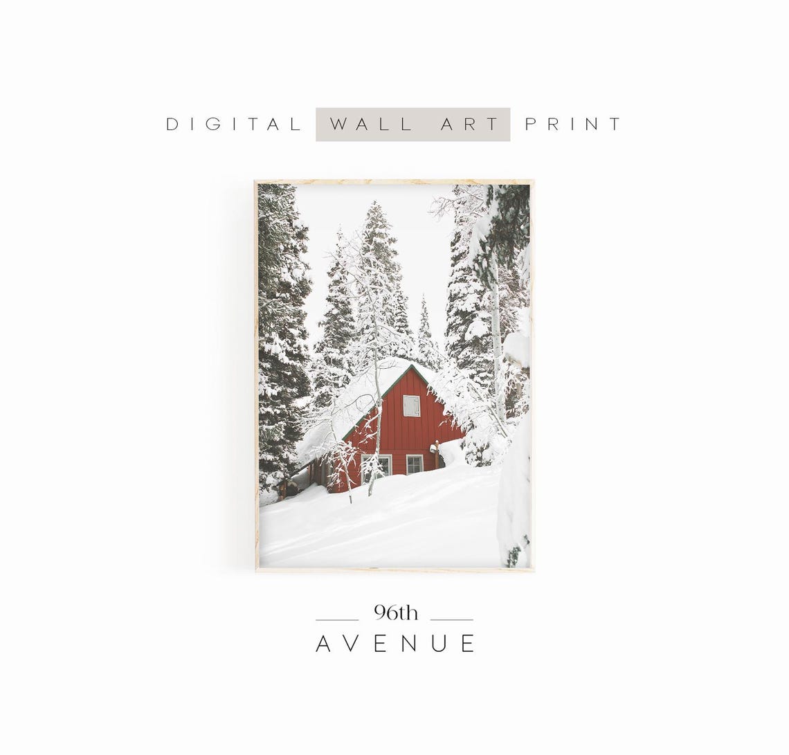 Red Cabin Buried in Deep Snow among Tall Pines Winter Hideaway Poster