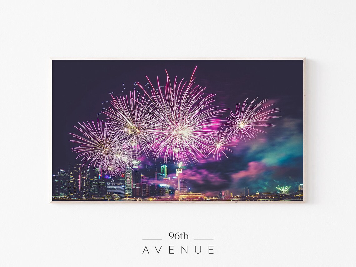Colorful Fireworks Over City Skyline Night Celebration Poster