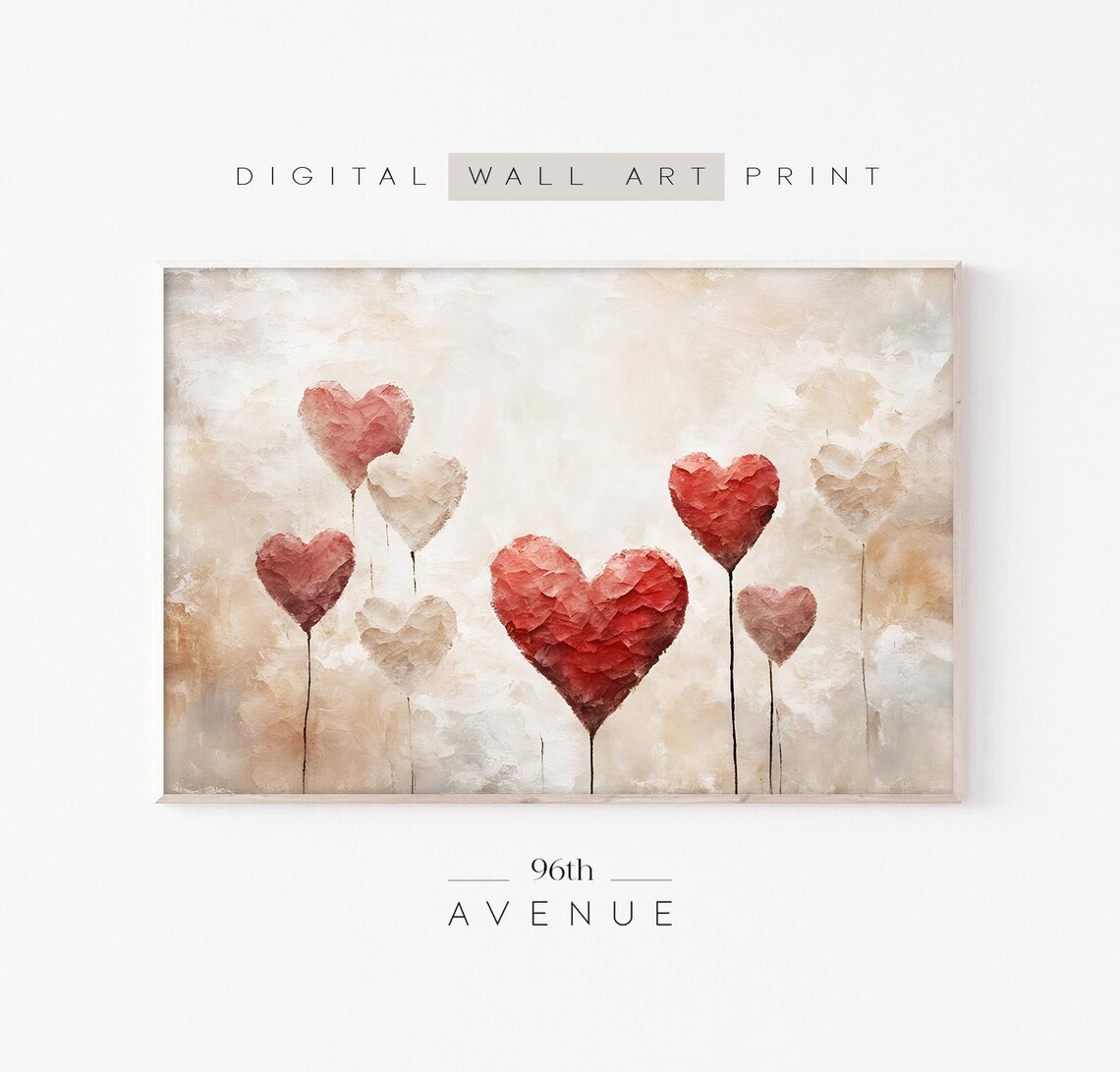 Heart Balloons Floating Red Blush White Romantic Love Art Print
