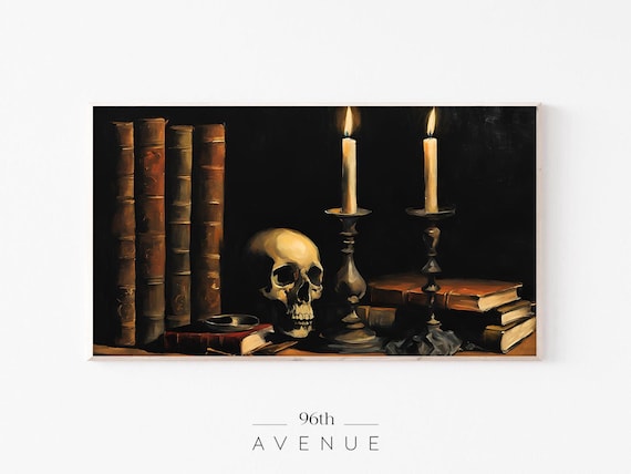 Dark Academia Skull With Candles And Antique Books Still Life Poster