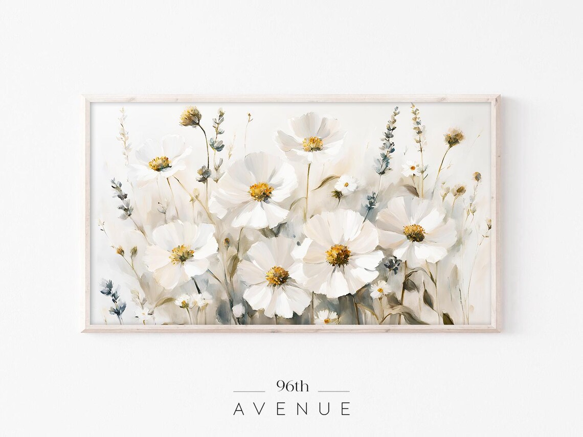 White Flowers Oil Painting Frame Tv Art For Floral Screensaver Art For Tv Delicate Wildflowers Tv Artwork 1037tv