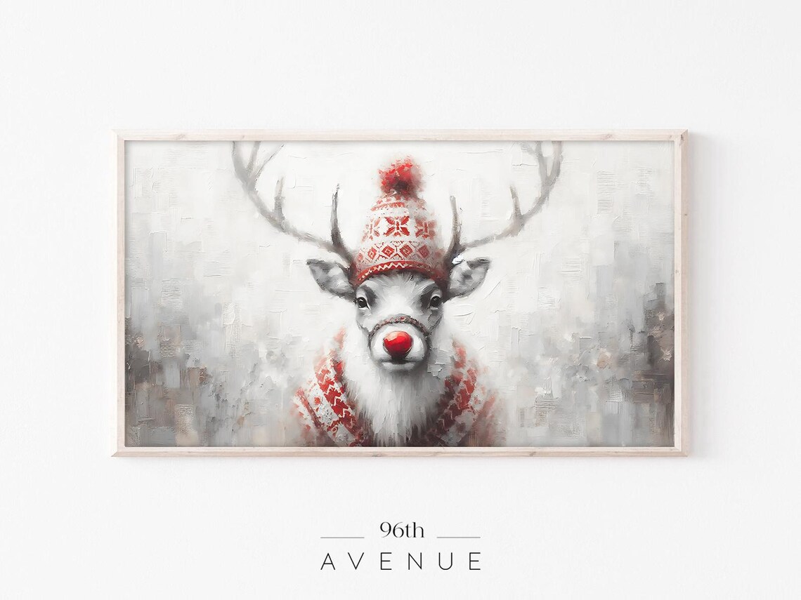 Reindeer with Red Nose in Knit Hat Cozy Christmas Portrait Poster