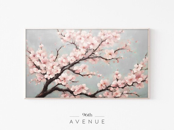 Pink Cherry Blossom Branch Soft Gray Background Spring Art Poster
