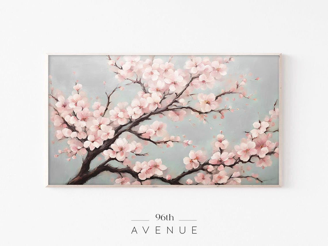 Pink Cherry Blossom Branch Soft Gray Background Spring Art Poster