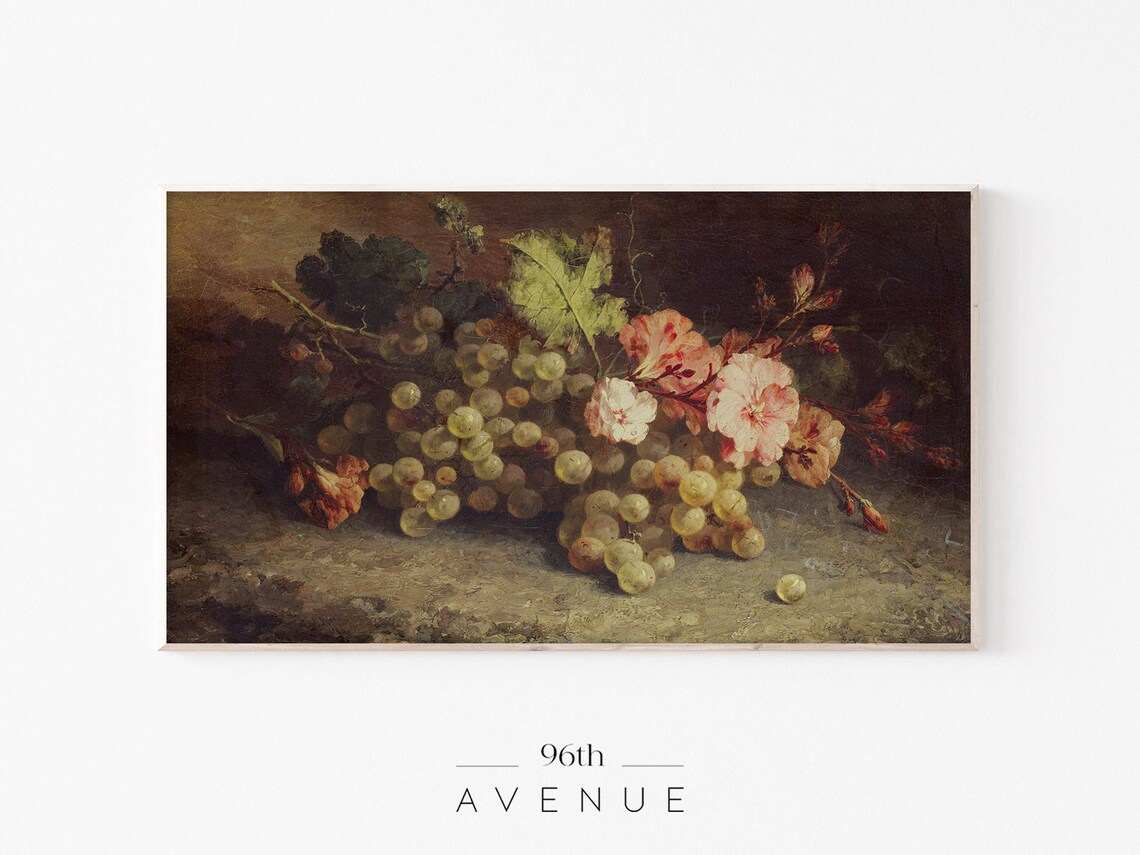 Antique Still Life White Grapes and Flowers Vintage Art Poster